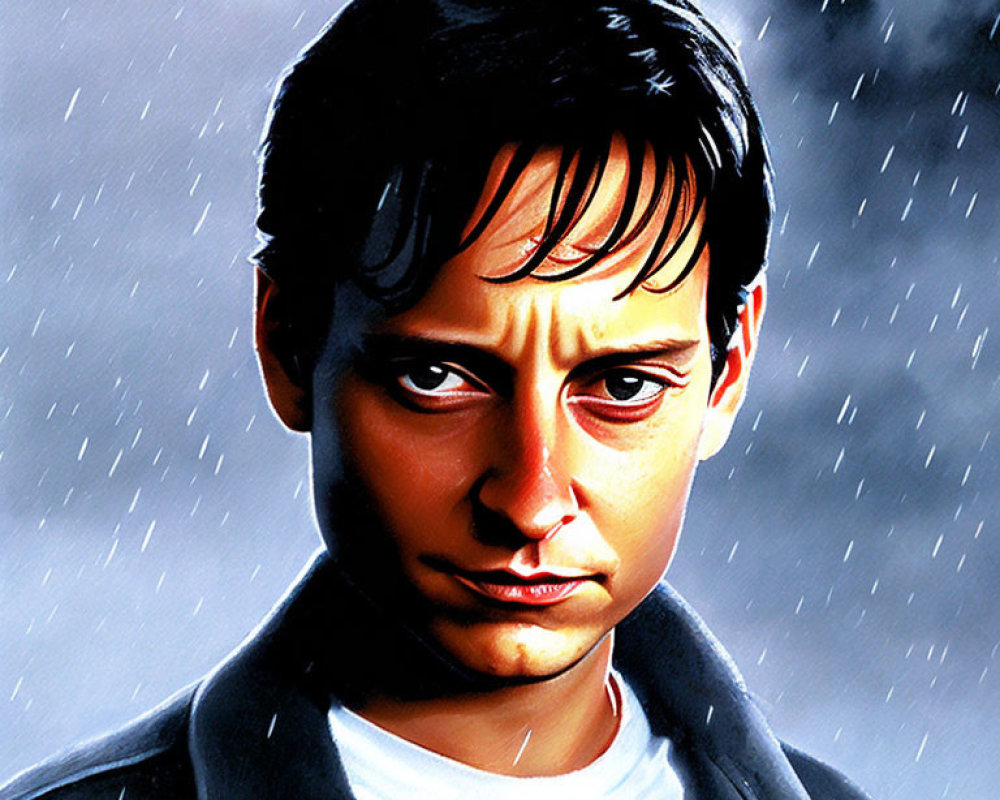 Serious man portrait in jacket with rainy background