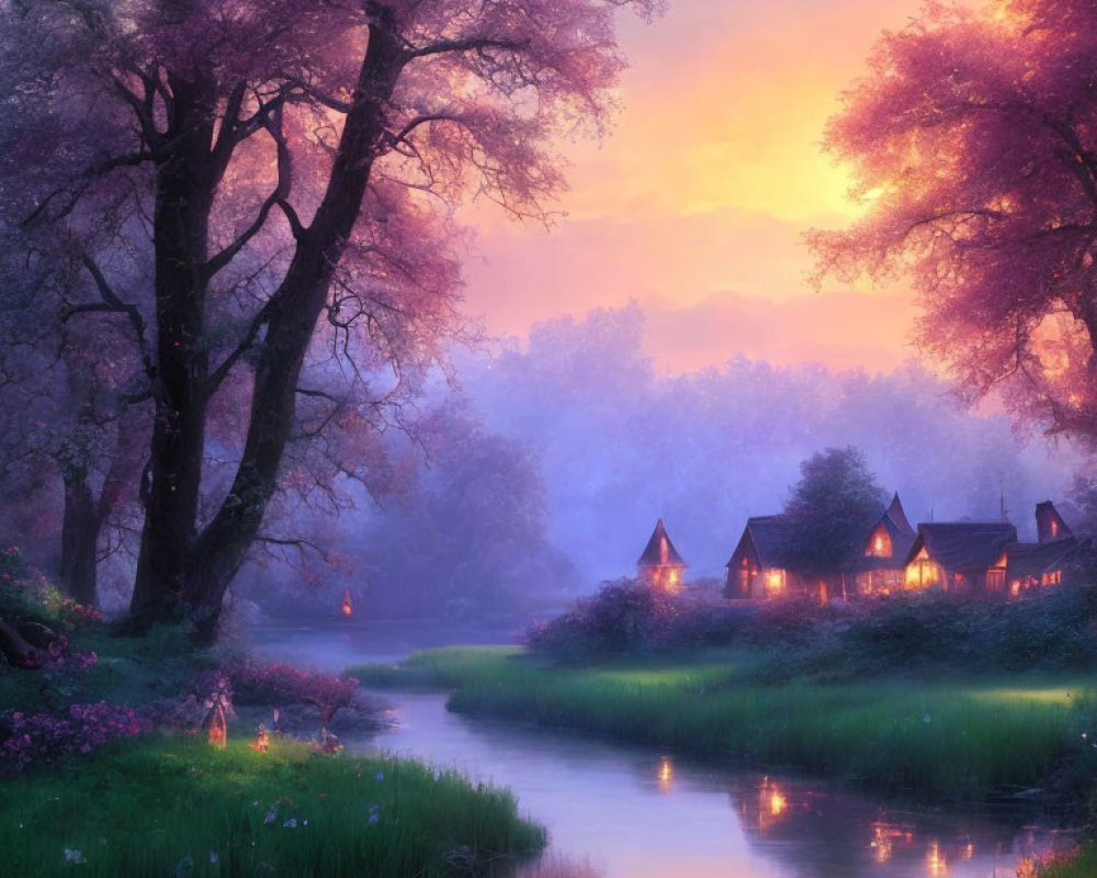 Tranquil twilight river scene with glowing lanterns and cozy cottages