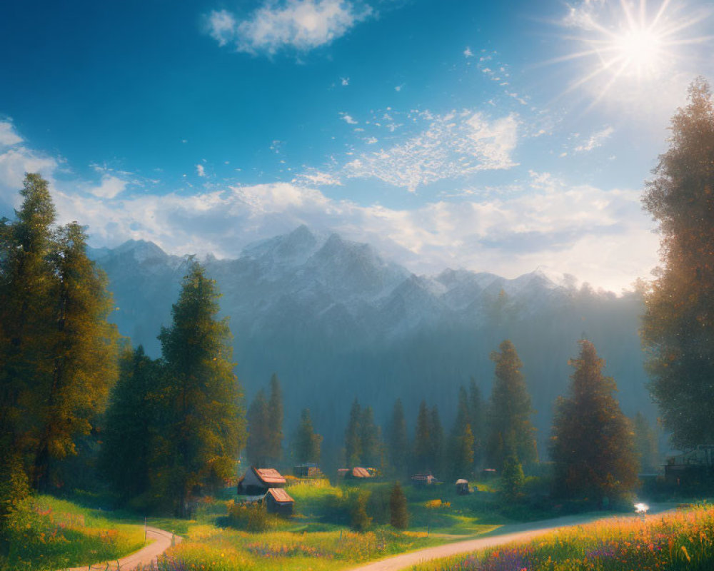 Scenic sunlit landscape with winding path through green meadow