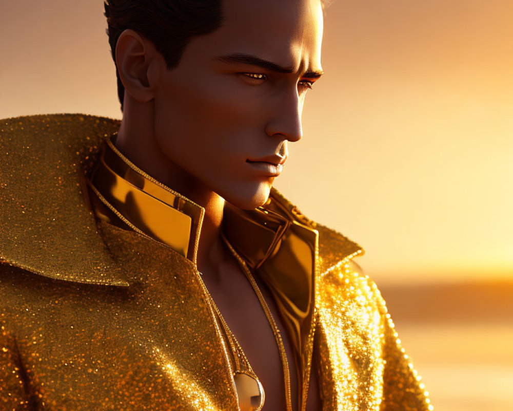 Stylized 3D rendering of man in gold jacket against sunset