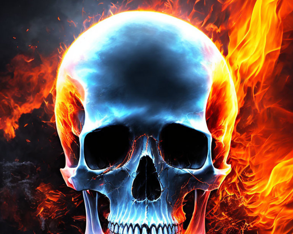 Blue Skull Against Orange Flames: Stunning Color Contrast