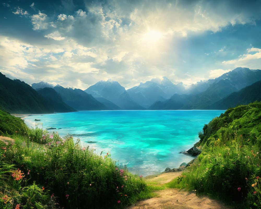 Turquoise Lake in Green Hills with Dramatic Sky