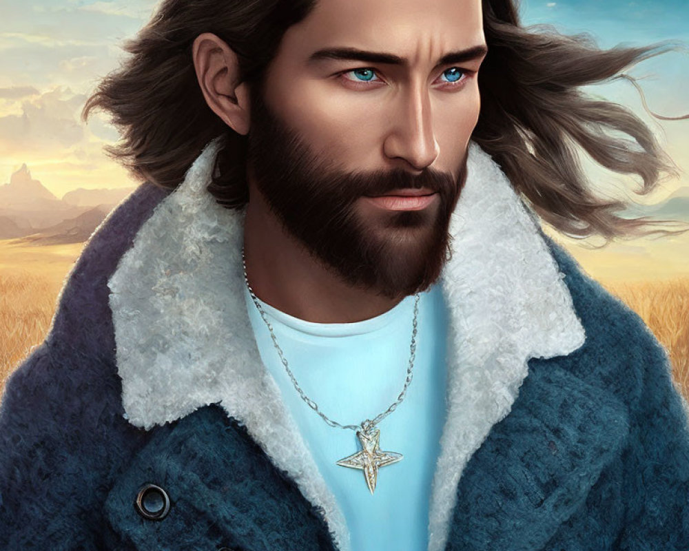 Modernized man with long brown hair in denim coat with fur lining & star pendant necklace