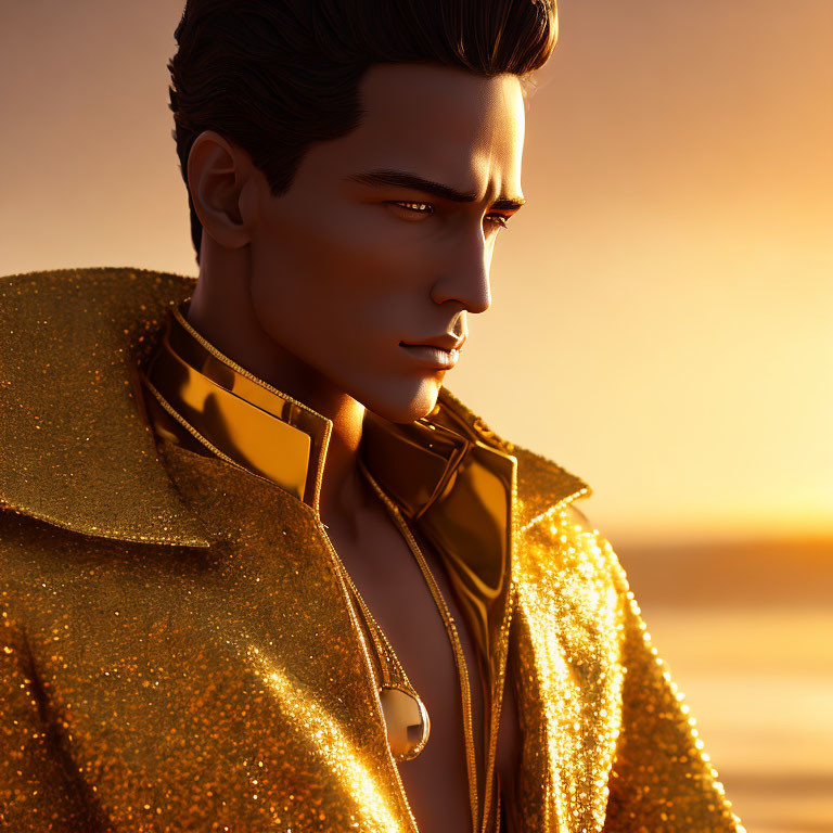 Stylized 3D rendering of man in gold jacket against sunset