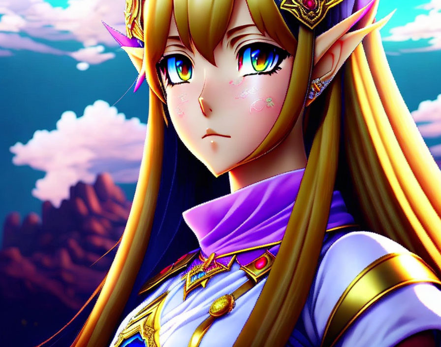 Regal character with pointy ears and golden hair in purple outfit against cloudy sky