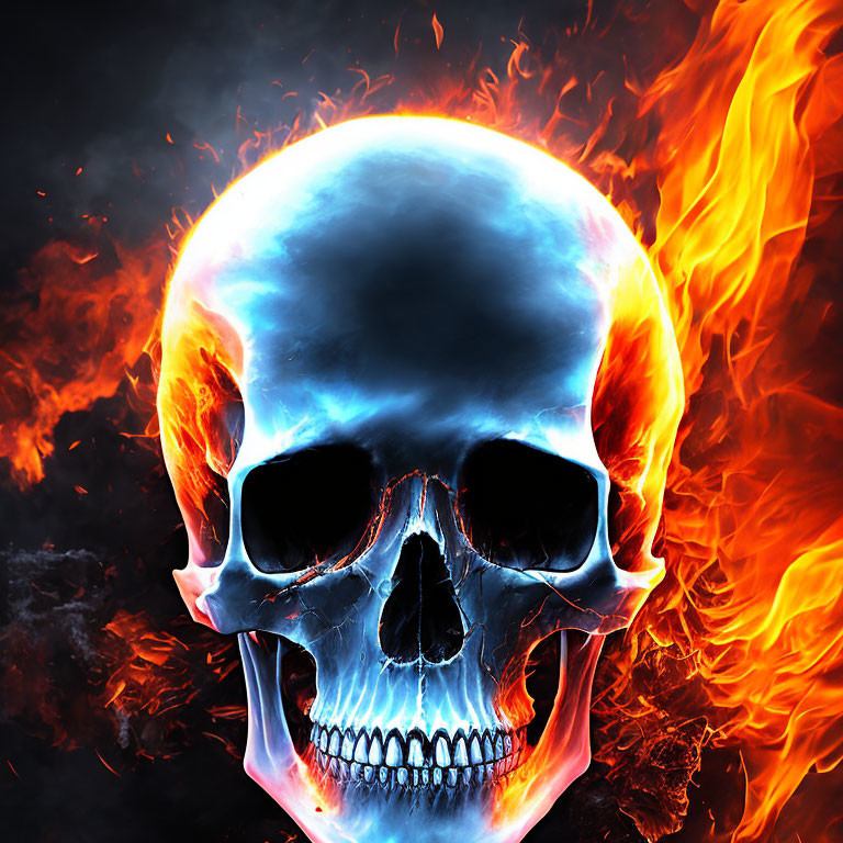 Blue Skull Against Orange Flames: Stunning Color Contrast