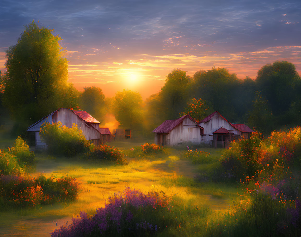 Tranquil rural sunrise with wildflowers and small houses among lush trees