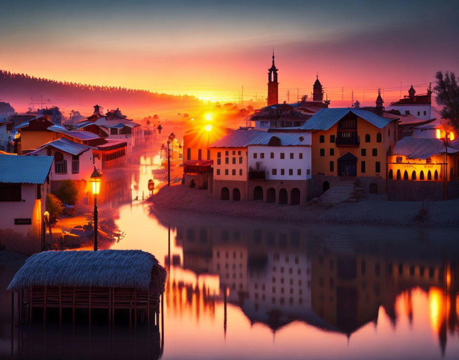 Tranquil sunset over still river with town silhouette and glowing streetlights reflected on water in vibrant orange