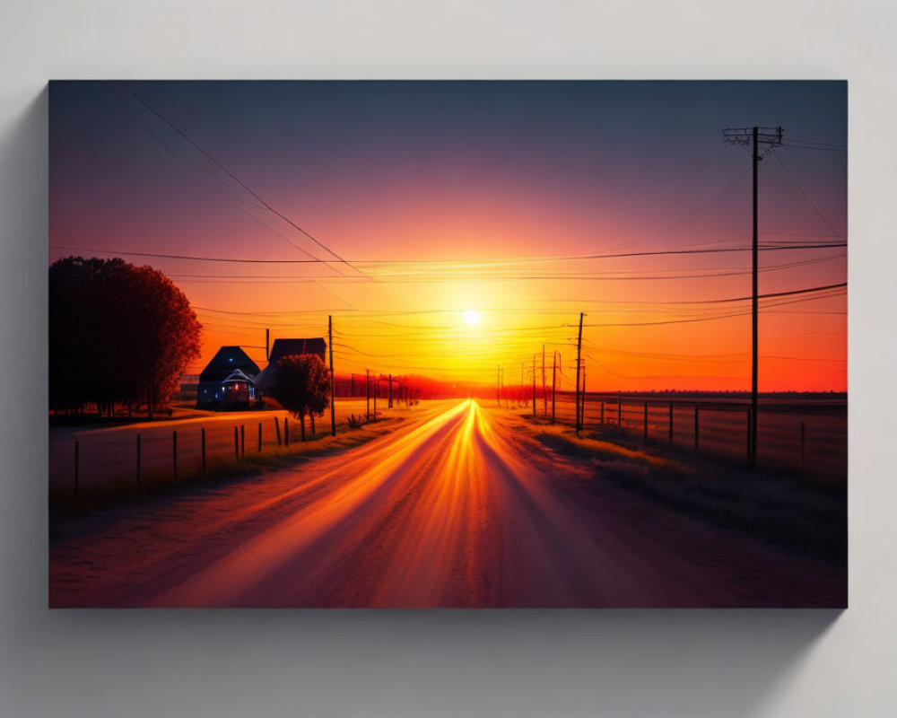 Radiant orange sunset over country road and solitary house