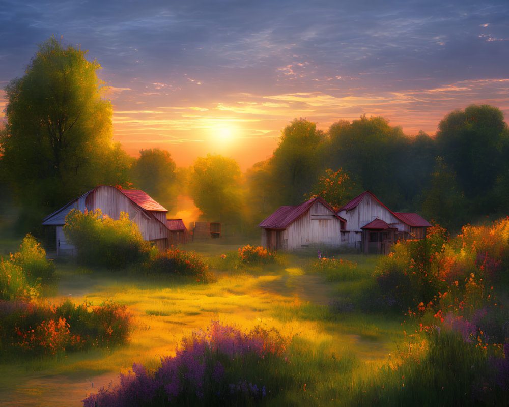 Tranquil rural sunrise with wildflowers and small houses among lush trees