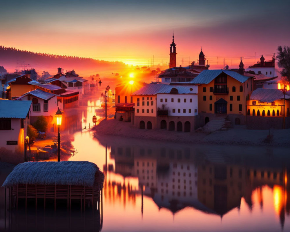 Tranquil sunset over still river with town silhouette and glowing streetlights reflected on water in vibrant orange