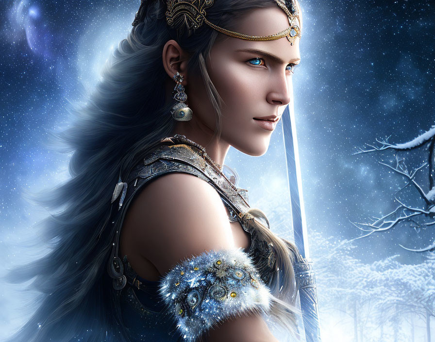 Elven-themed digital artwork of a woman with sword in snowy setting