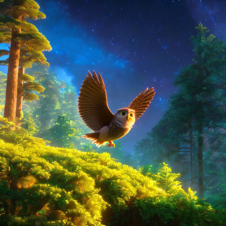 Animated owl flying over lush forest under starry sky