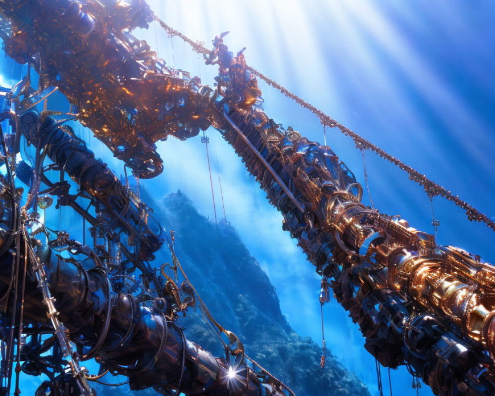 Underwater metal structure with chains illuminated by sunbeams