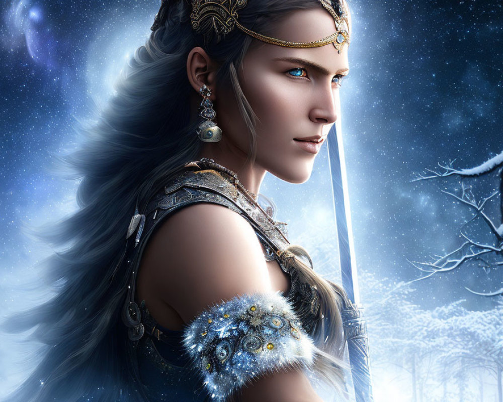 Elven-themed digital artwork of a woman with sword in snowy setting