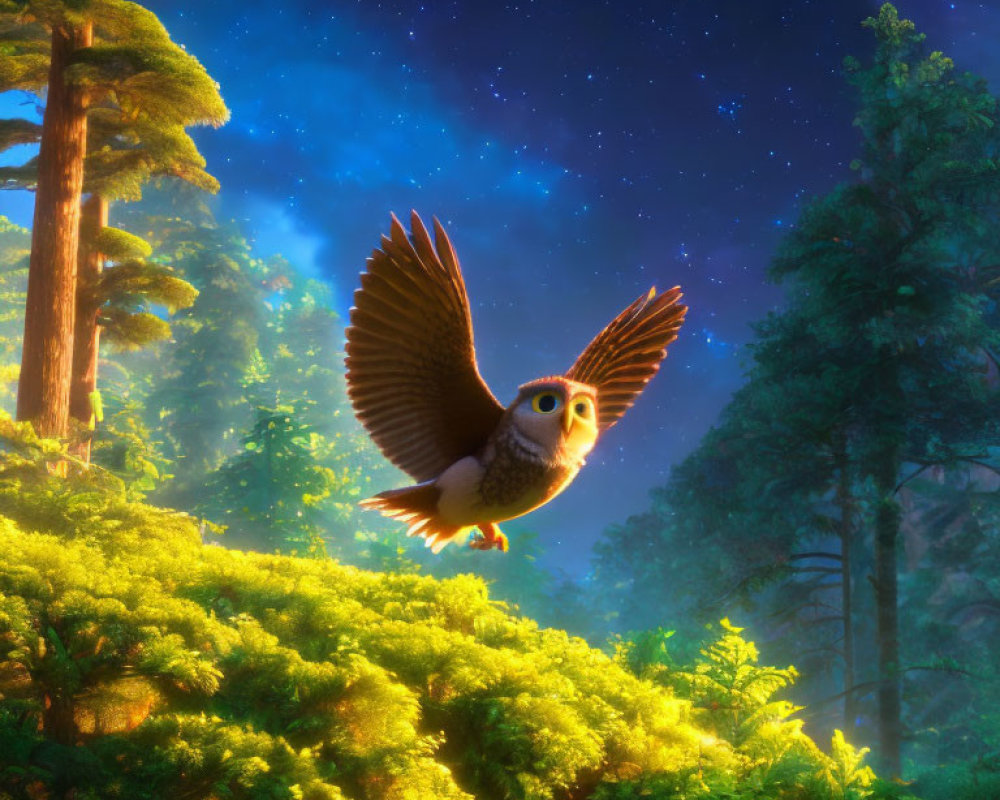 Animated owl flying over lush forest under starry sky