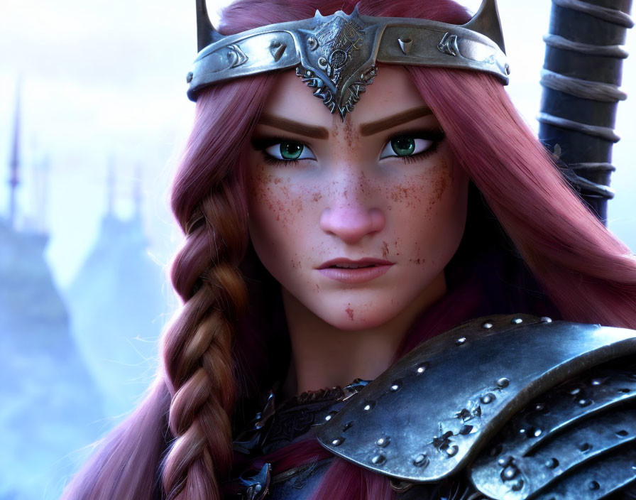 Detailed 3D-animated female warrior in red hair and plate armor.