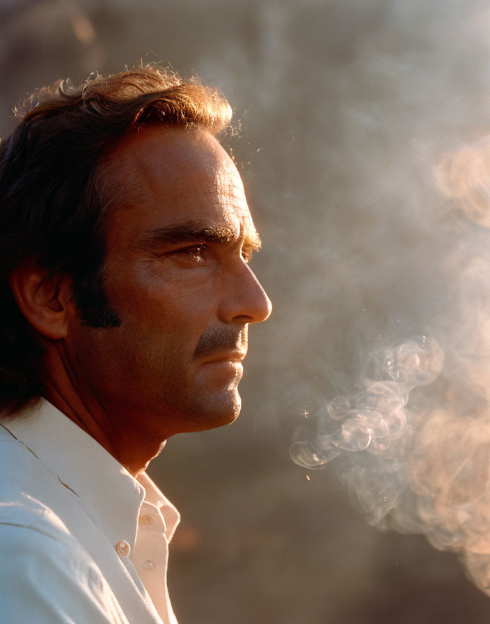 Man with Dark Hair and Mustache in White Shirt Surrounded by Sunlit Smoke