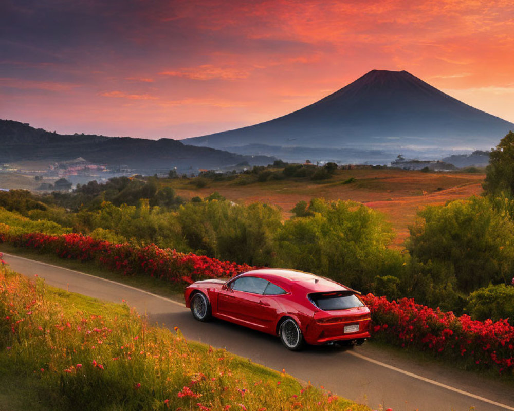 Red sports car parked near vibrant flowers with majestic mountain and dramatic sunset.