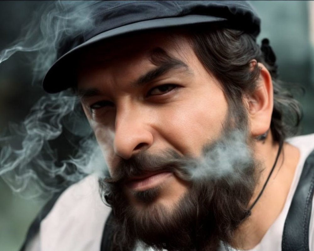 Bearded man in cap exhales smoke, smiling against blurred backdrop