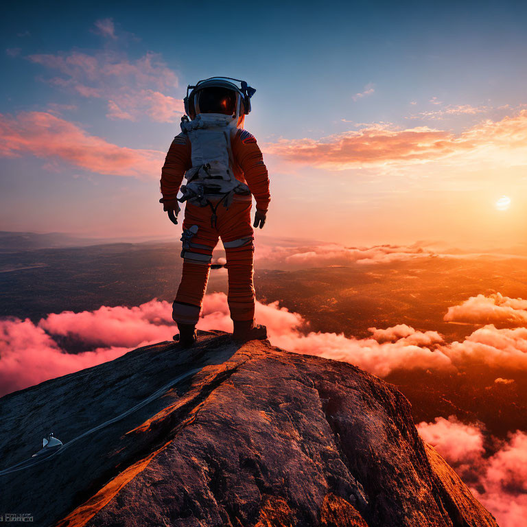 Astronaut on rocky summit at sunset with vast landscape view