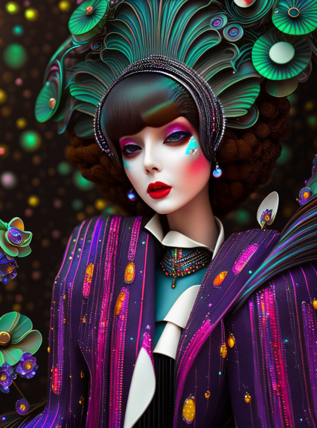 Colorful portrait of a person with peacock feather headdress and vibrant makeup