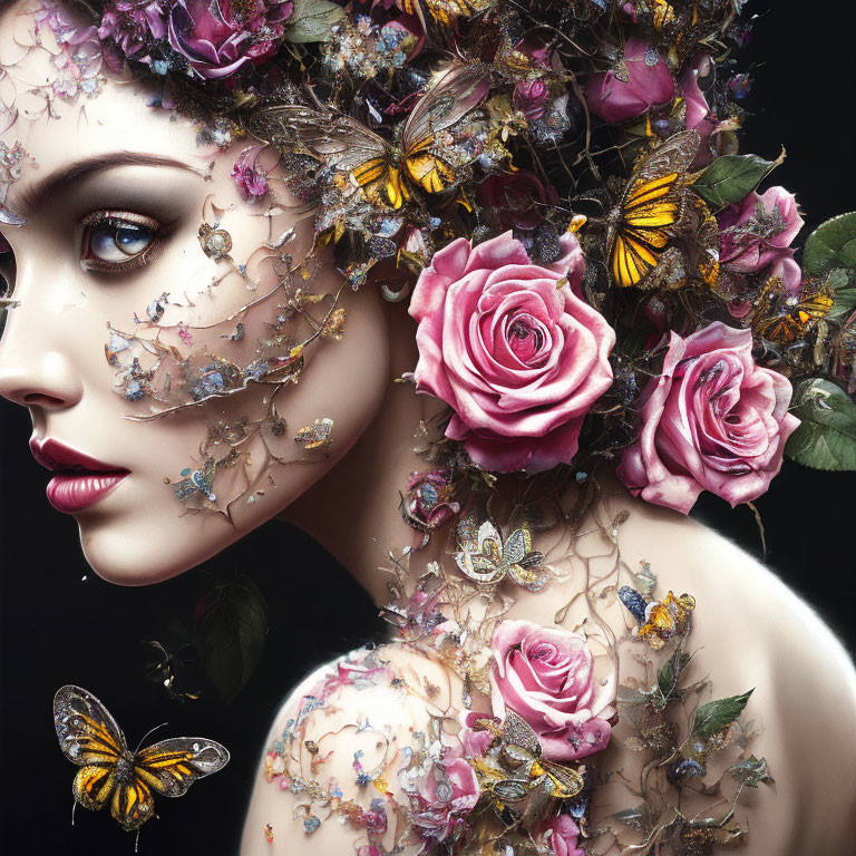 Elaborate floral, butterfly, and jeweled headpiece on a mystical woman