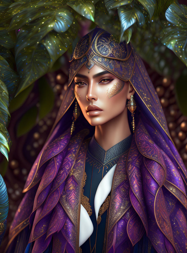 Illustrated portrait of woman in golden headgear and violet robes on jewel-toned background