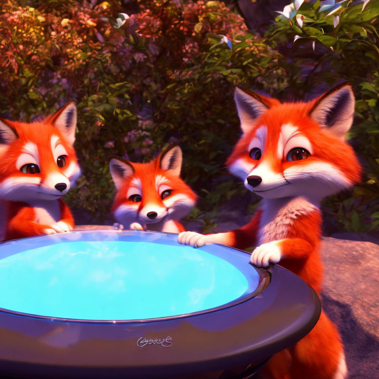 Three animated foxes with blue glowing object in lush purple flower environment