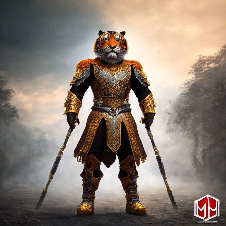 Tiger-headed warrior in black and gold armor with two swords