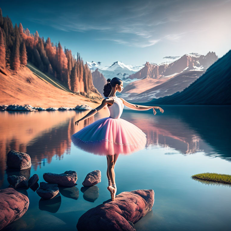 Ballerina performing dance pose by alpine lake and autumn trees