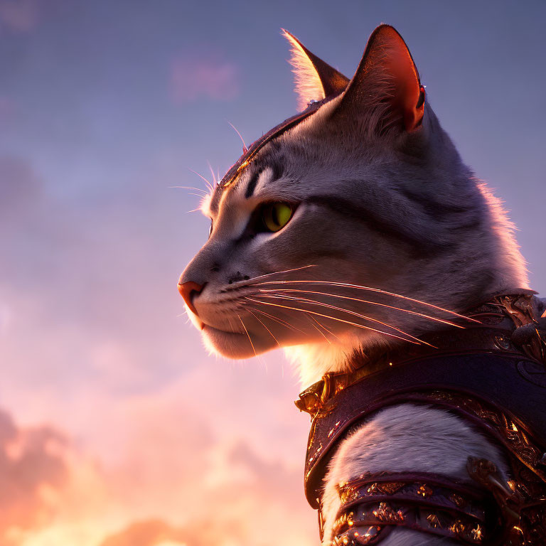 Animated Cat in Armor with Striped Fur and Sunset Sky