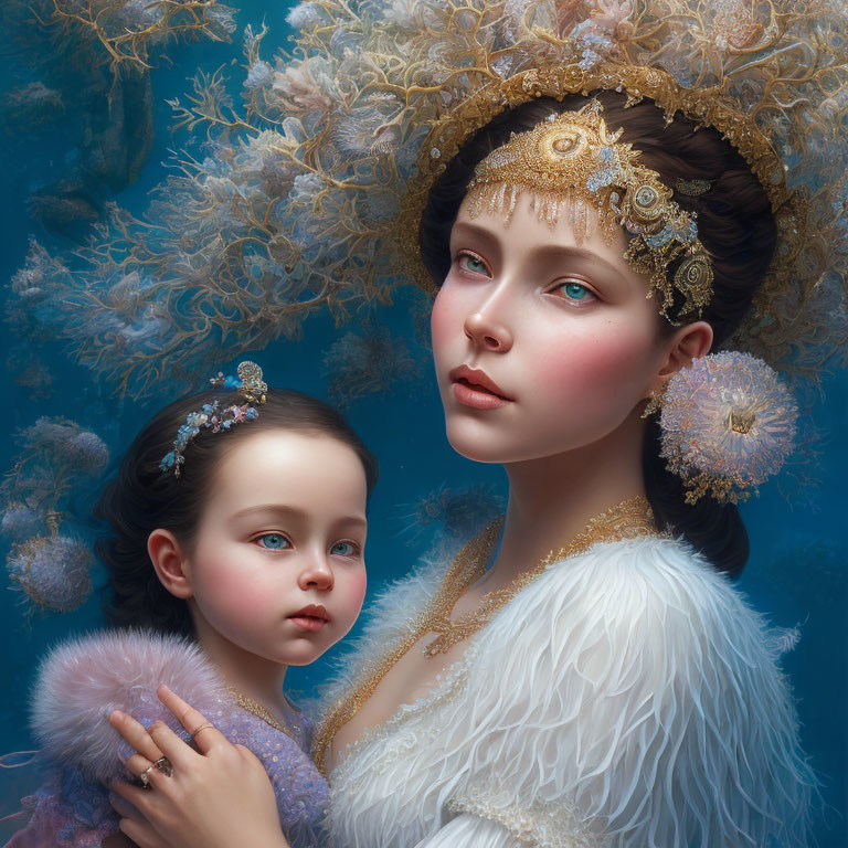 Ornately dressed woman and child in elegant attire against pale blue flora