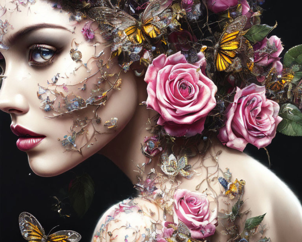 Elaborate floral, butterfly, and jeweled headpiece on a mystical woman