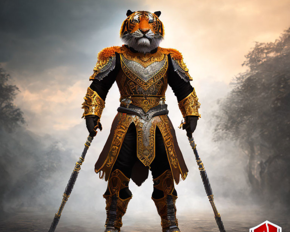 Tiger-headed warrior in black and gold armor with two swords