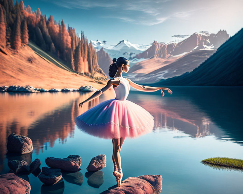 Ballerina performing dance pose by alpine lake and autumn trees