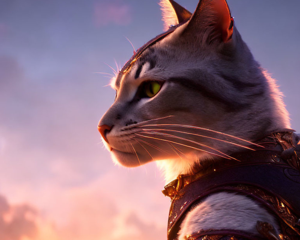 Animated Cat in Armor with Striped Fur and Sunset Sky