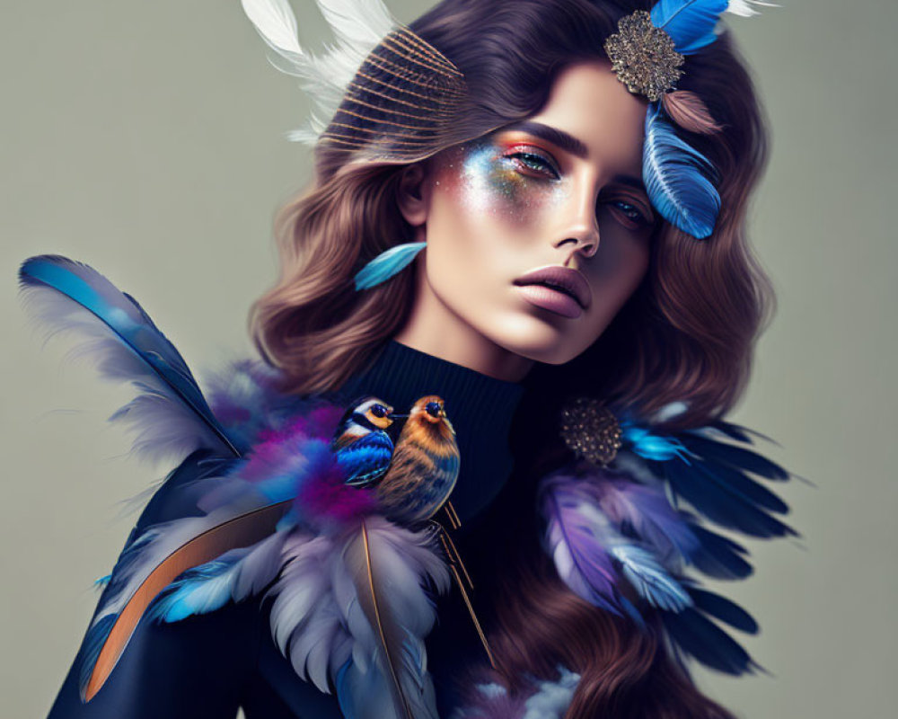 Colorful Feathered Woman with Glittering Makeup