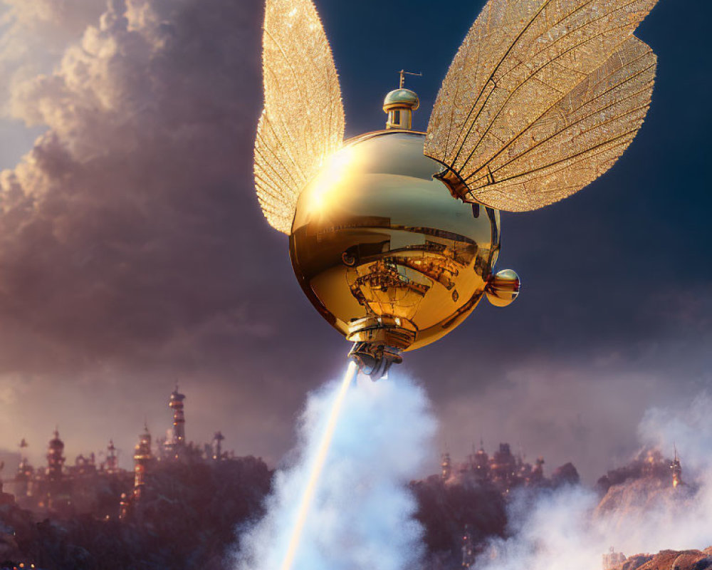 Golden winged airship soaring over rocky landscape with blue propulsion stream