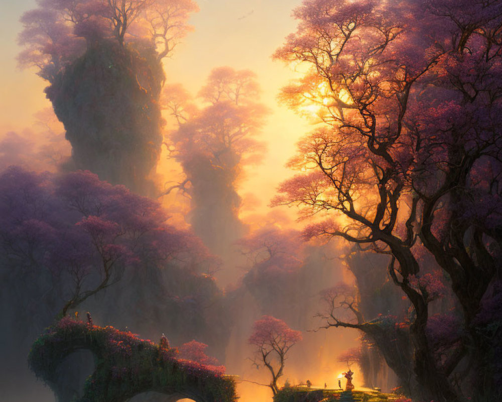 Majestic rock formations and purple trees under golden sunrise with person on old bridge