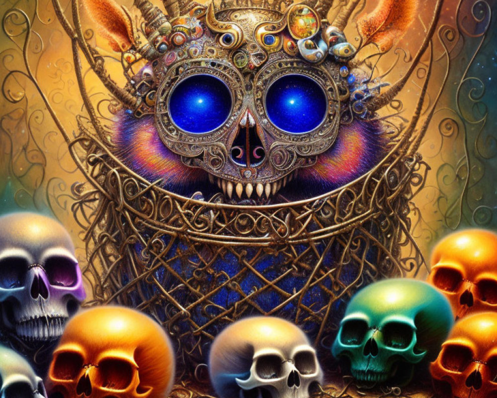 Mechanical Owl with Blue Eyes Surrounded by Colorful Skulls