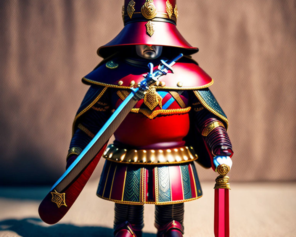 Samurai warrior figurine with red armor and blue sword on textured backdrop