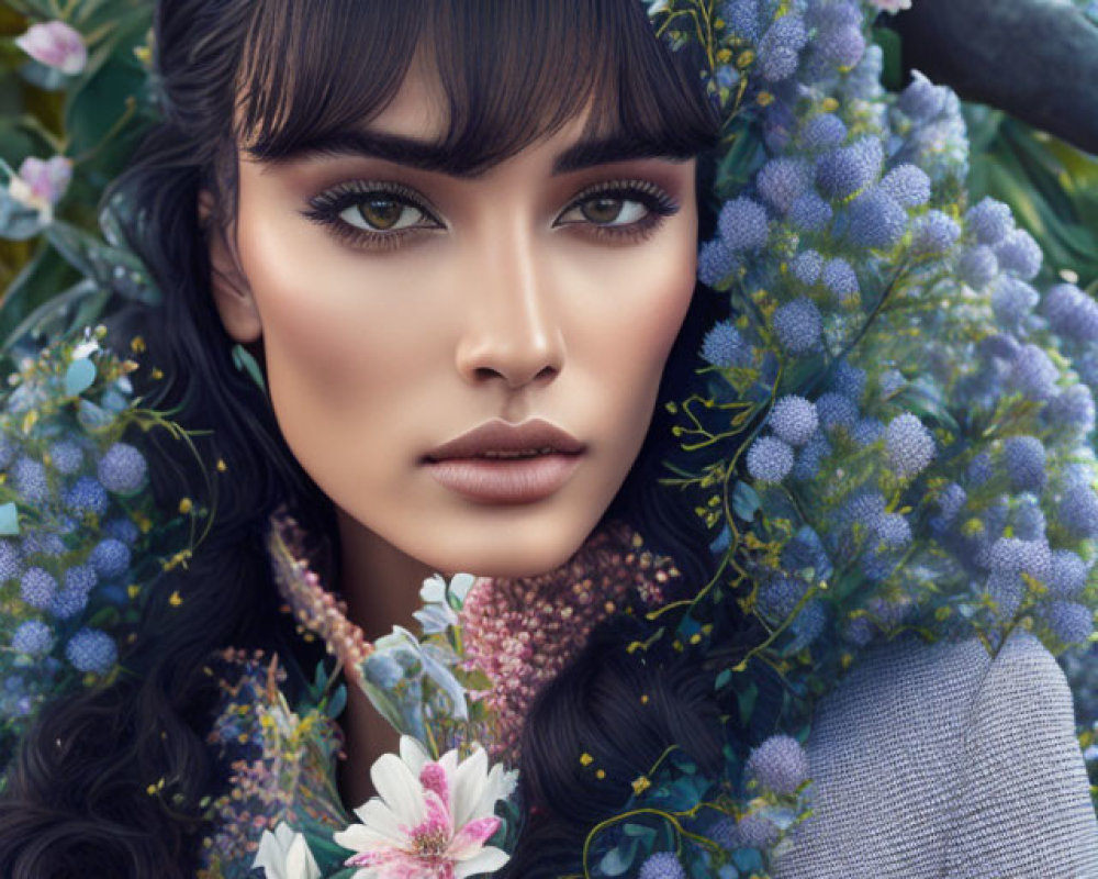 Dark-haired Woman Surrounded by Purple and Pink Flowers