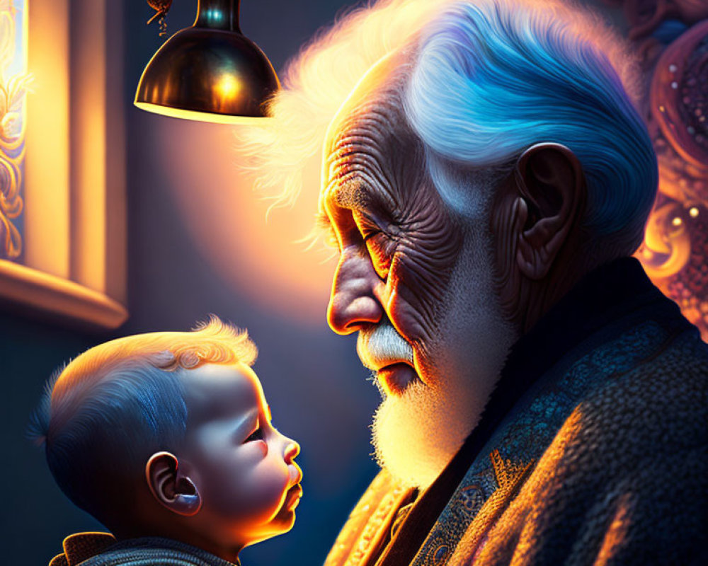 White-Haired Elderly Man Gazing at Peaceful Baby under Warm Lamp