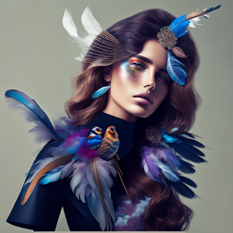 Colorful Feathered Woman with Glittering Makeup