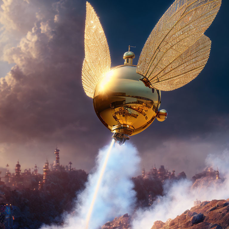 Golden winged airship soaring over rocky landscape with blue propulsion stream