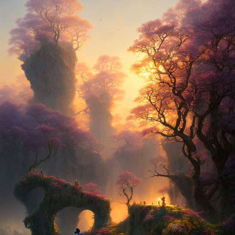 Majestic rock formations and purple trees under golden sunrise with person on old bridge