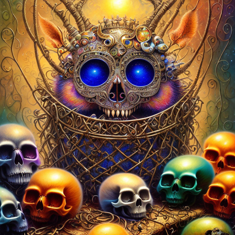 Mechanical Owl with Blue Eyes Surrounded by Colorful Skulls