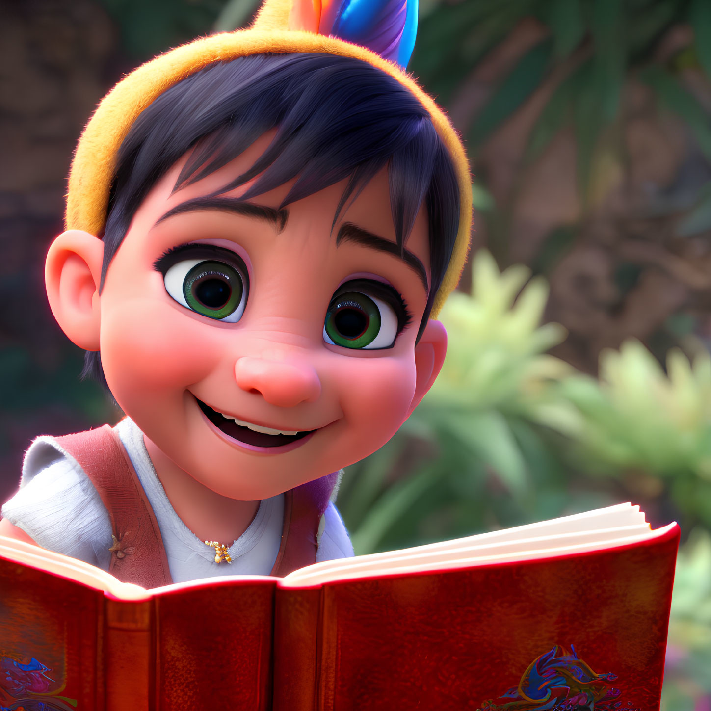 3D animated character with green eyes, yellow hat, and feathered hair reading red book outdoors