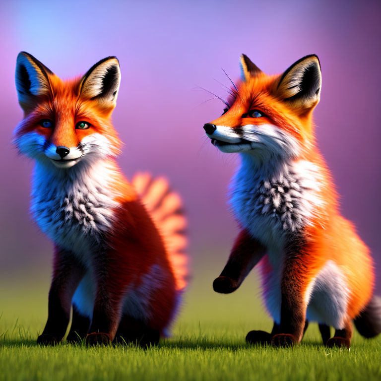 Stylized foxes with fluffy fur under pinkish sky